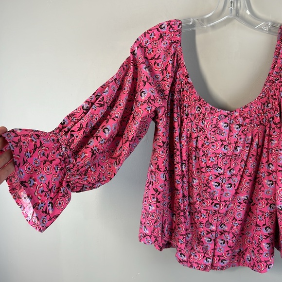 Free People James Smocked Floral Pink Blouse Size Large - Picture 7 of 16